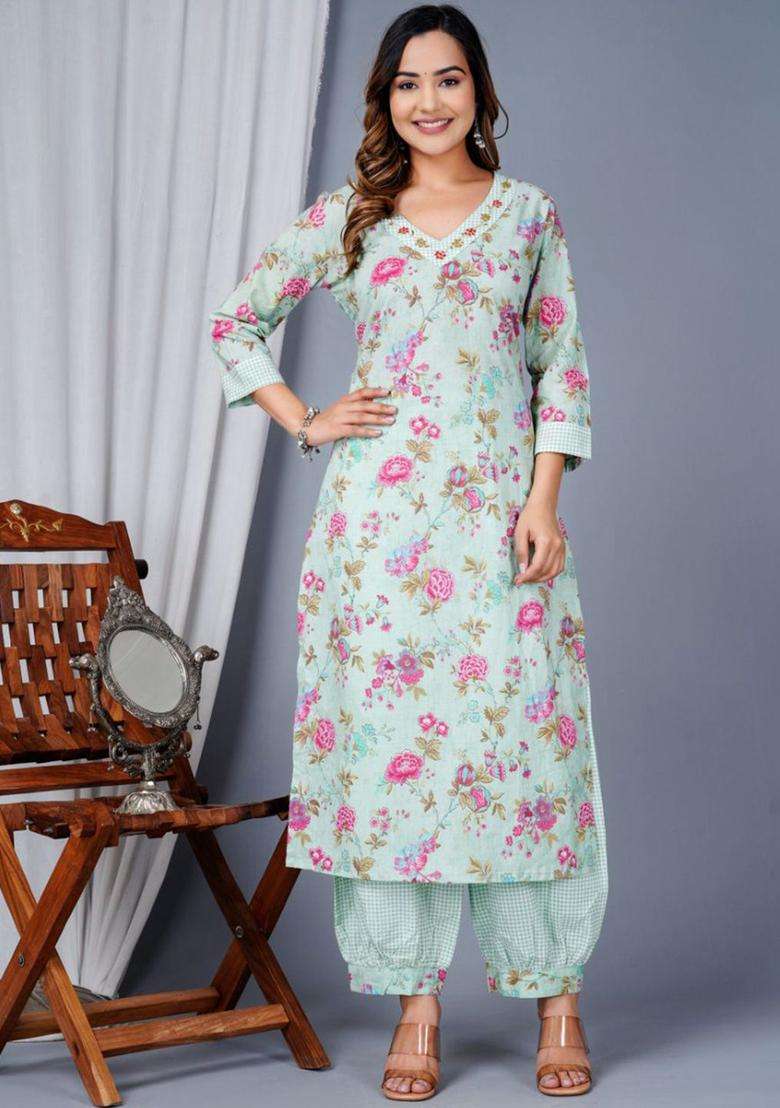 Green Printed Cotton Kurta Set - Indya