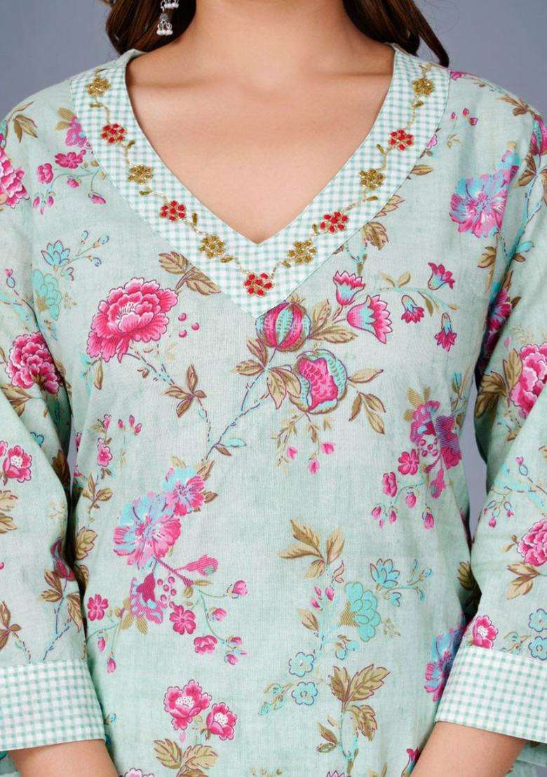 Green Printed Cotton Kurta Set - Indya