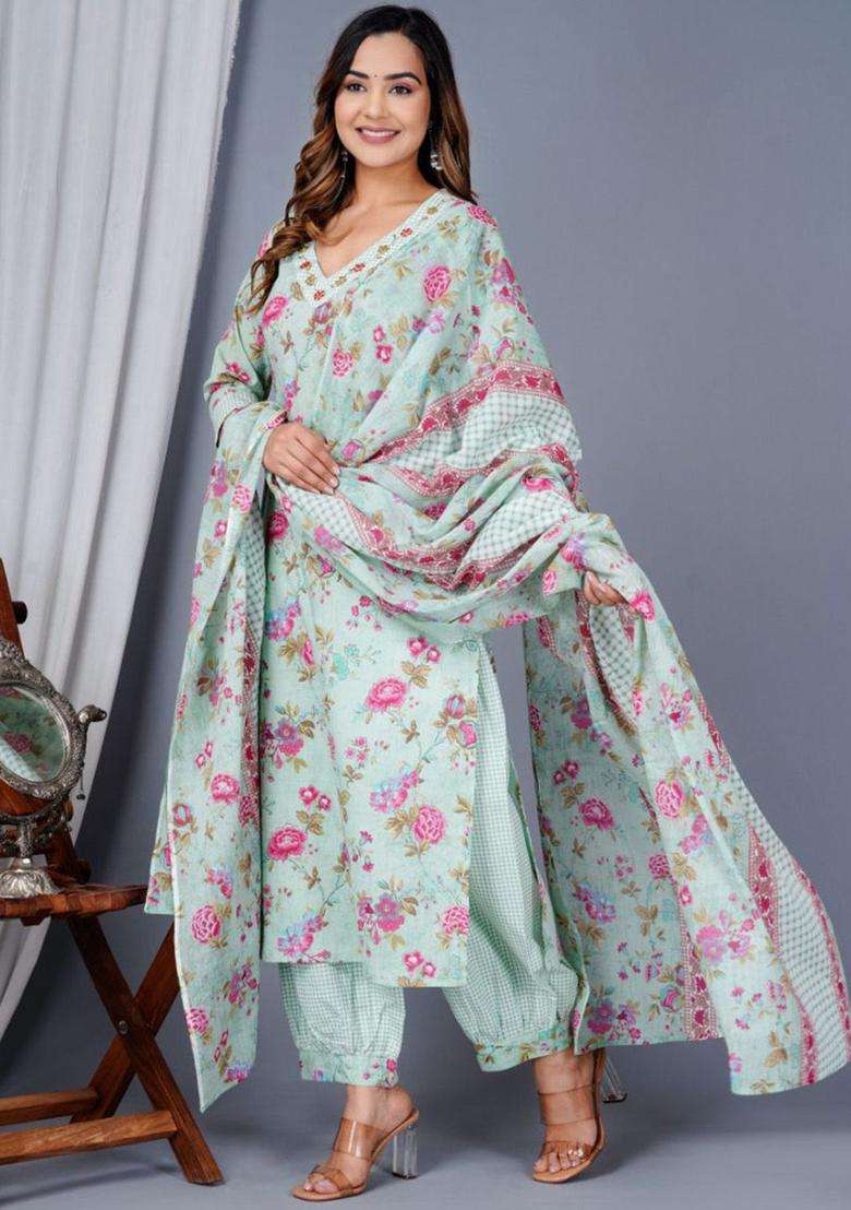 Green Printed Cotton Kurta Set - Indya