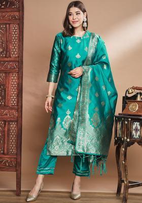 Teal Printed Silk Kurta Set