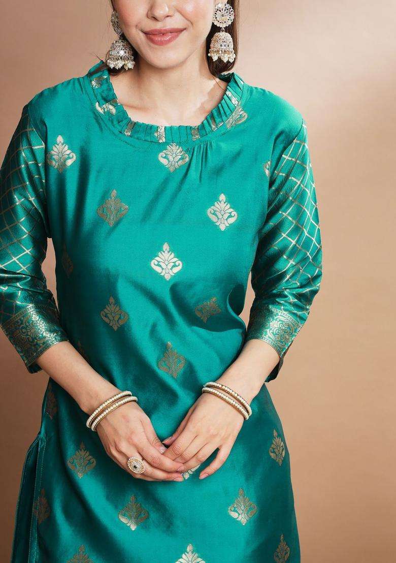 Teal Printed Silk Blend Kurta Set - Indya
