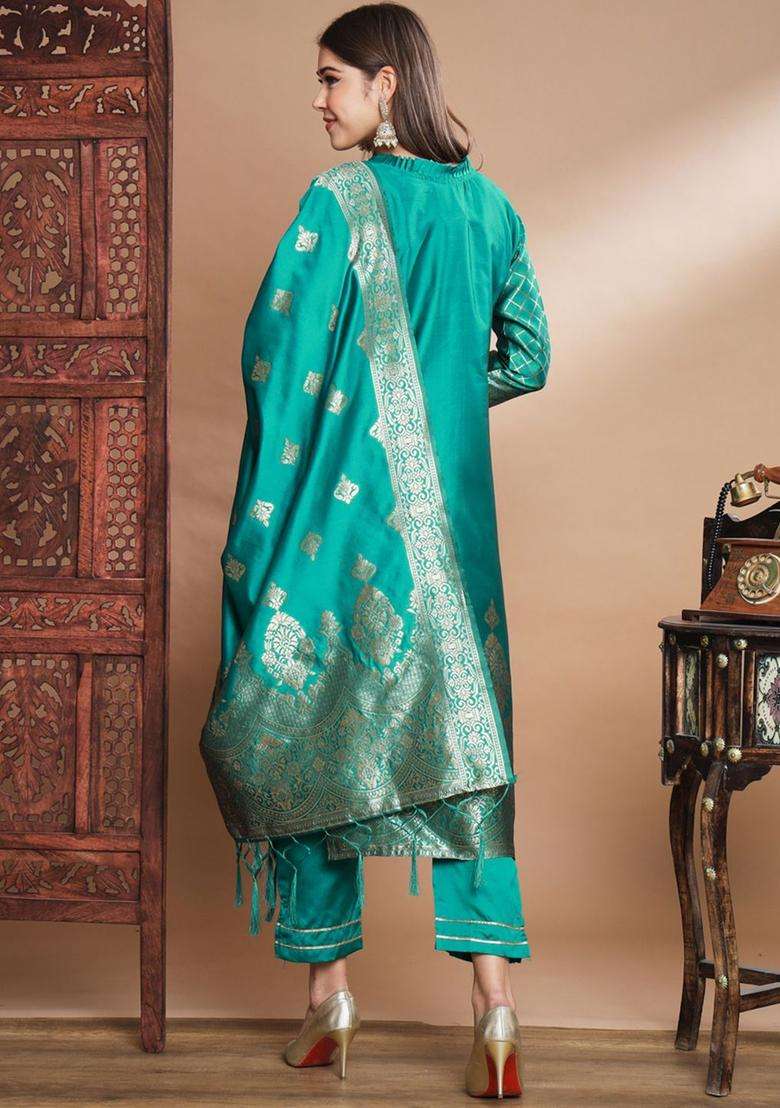 Teal Printed Silk Blend Kurta Set - Indya