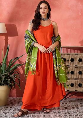 Orange Solid Viscose Kurta Set