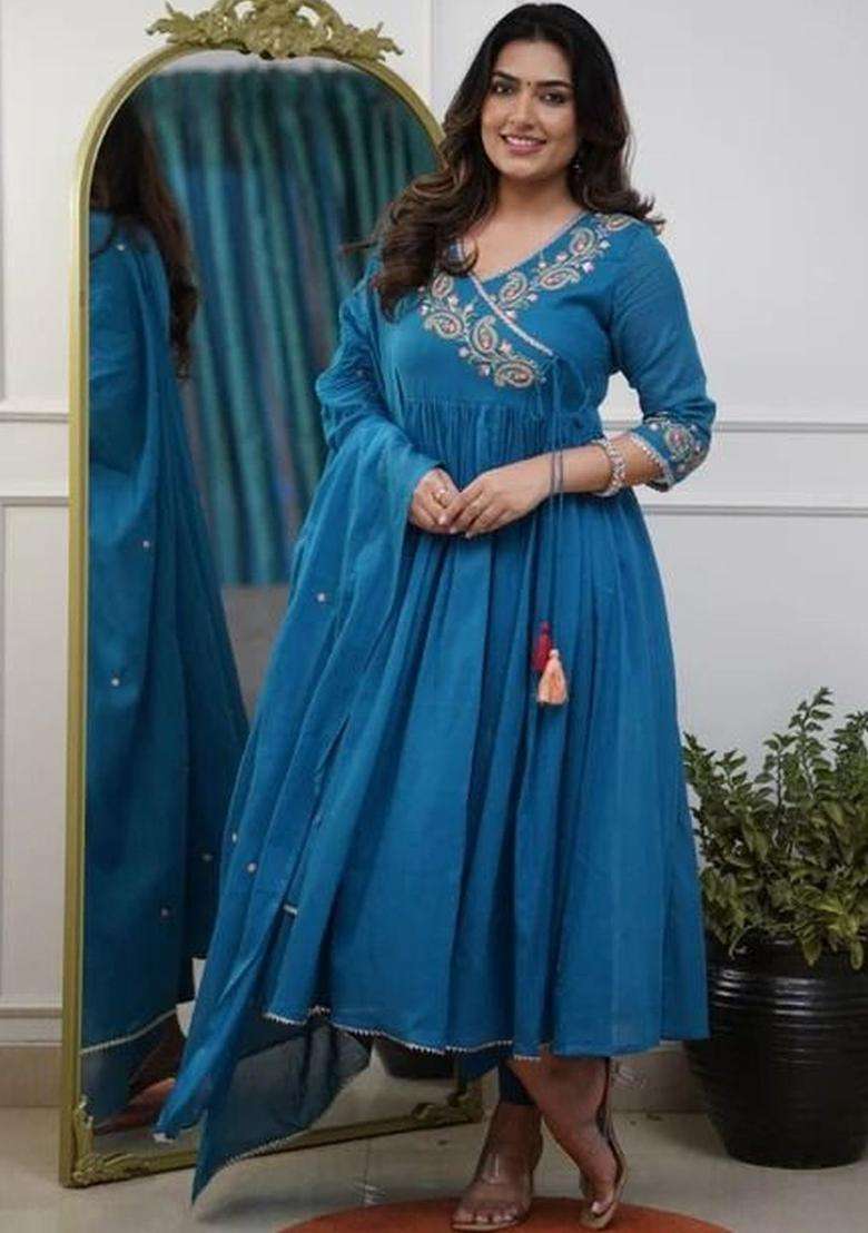 Teal Printed Silk Blend Anarkali Set - Indya