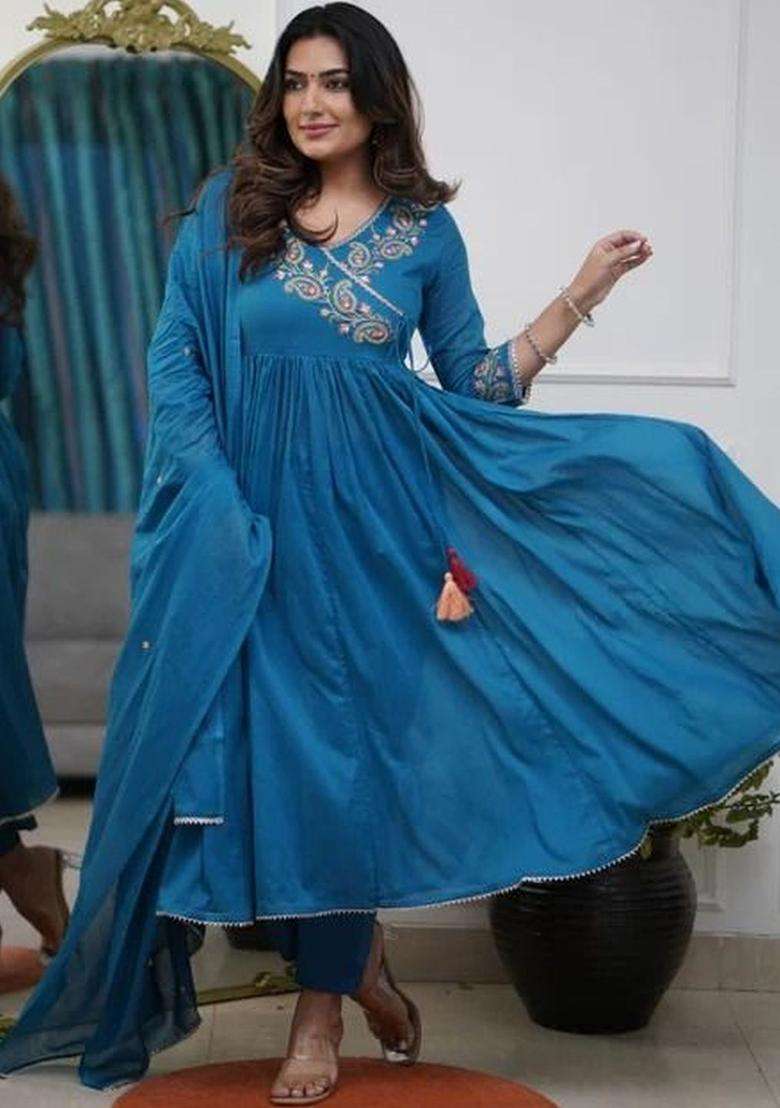 Teal Printed Silk Blend Anarkali Set - Indya