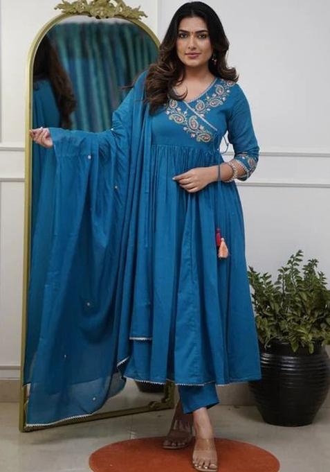 Teal Printed Silk Anarkali Set — view on Indya