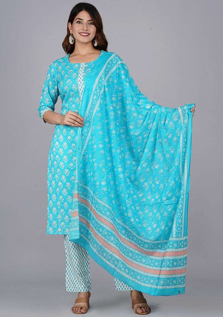 Turquoise Blue Printed Cotton Kurta Set - Indya