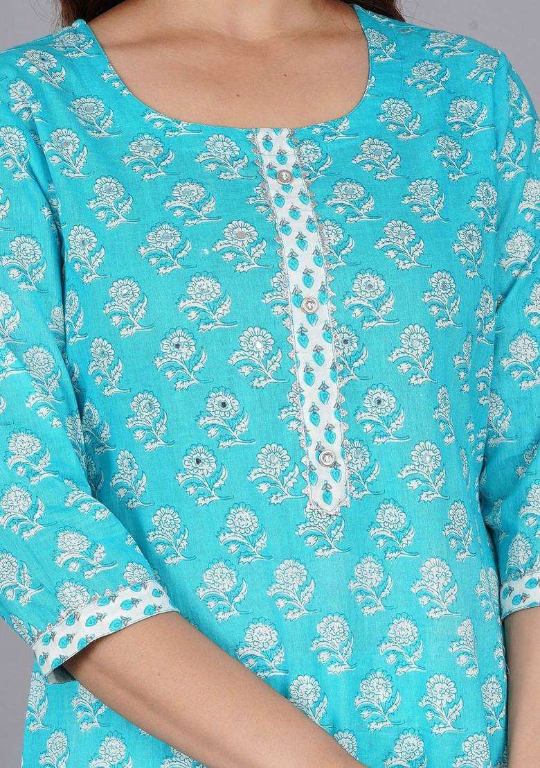 Turquoise Blue Printed Cotton Kurta Set - Indya