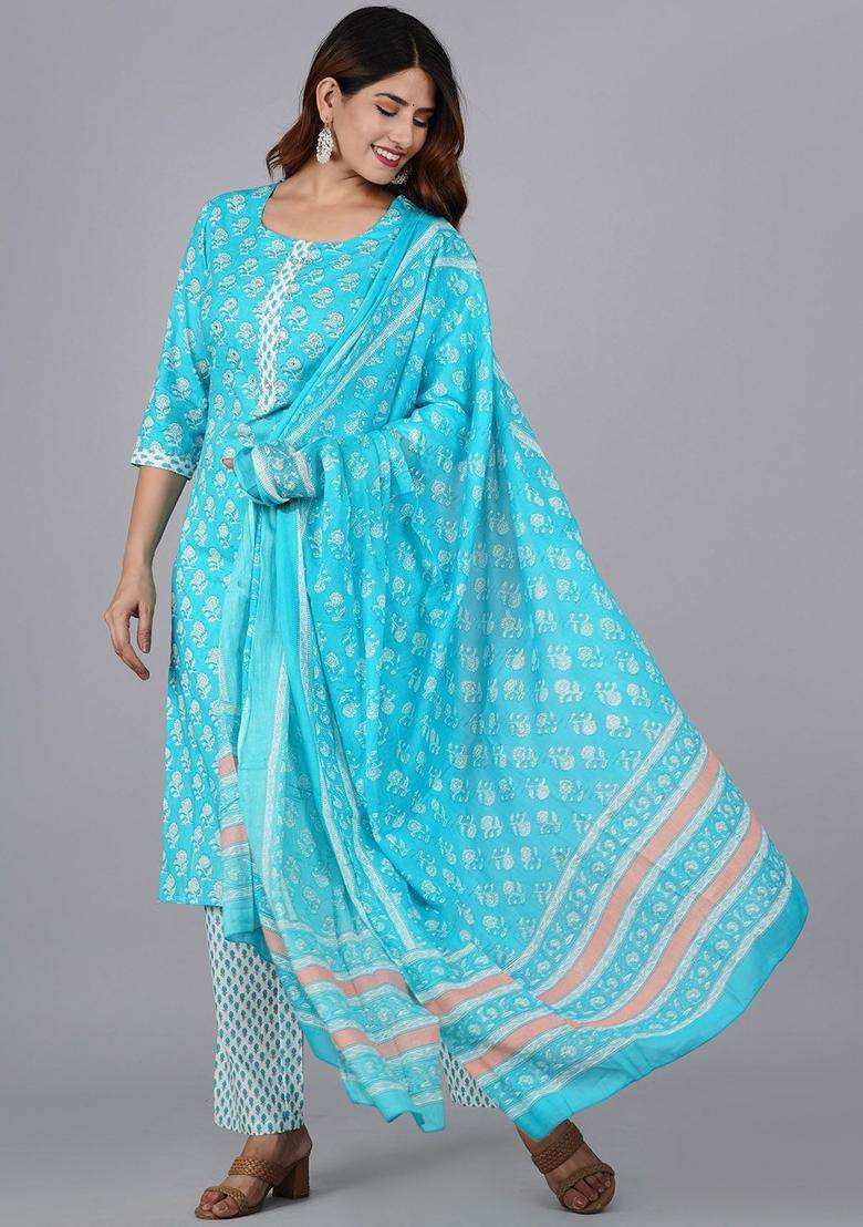 Turquoise Blue Printed Cotton Kurta Set - Indya