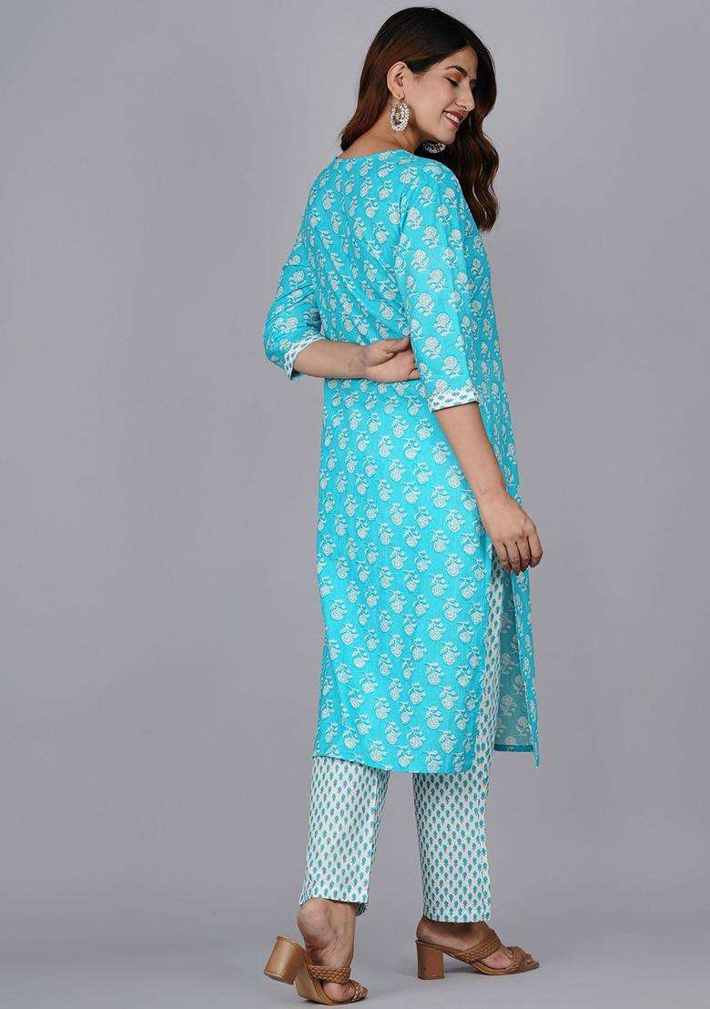 Turquoise Blue Printed Cotton Kurta Set - Indya