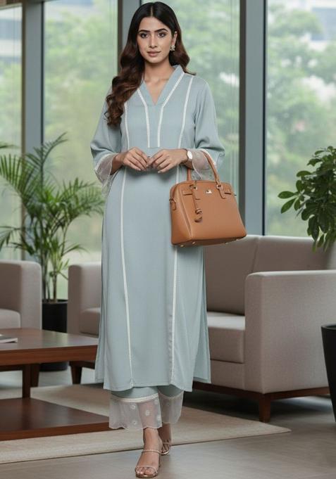 Sea Green Self Design Silk Kurta Set — view on Indya