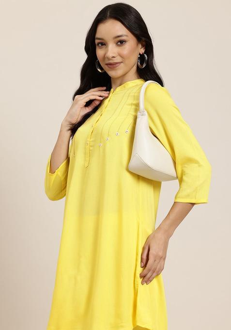 Yellow Solid Viscose Kurta Set — view on Indya