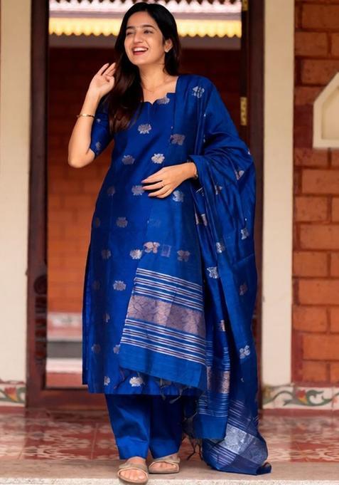 Blue Woven Design Cotton Kurta Set — view on Indya