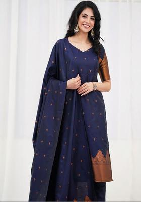Navy Blue Solid Cotton Kurta Set
