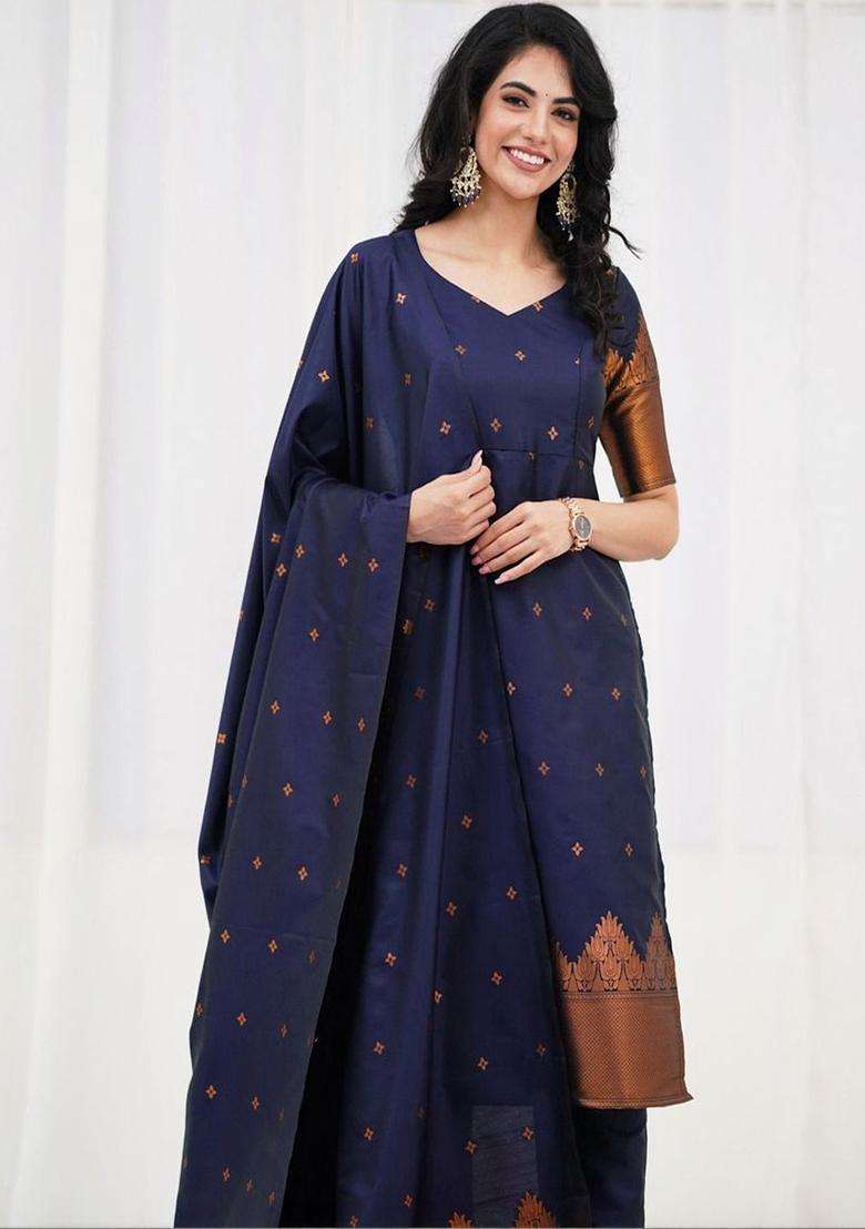 Navy Blue Solid Cotton Kurta Set - Indya