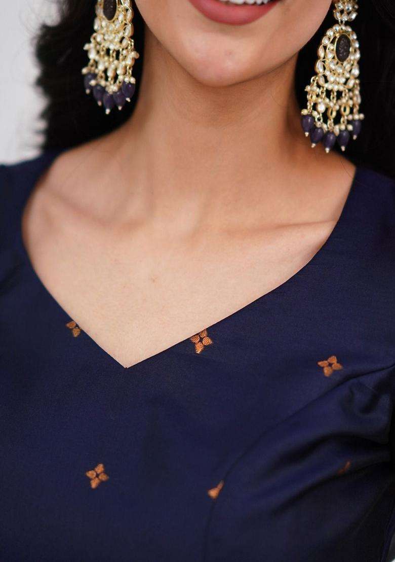 Navy Blue Solid Cotton Kurta Set - Indya