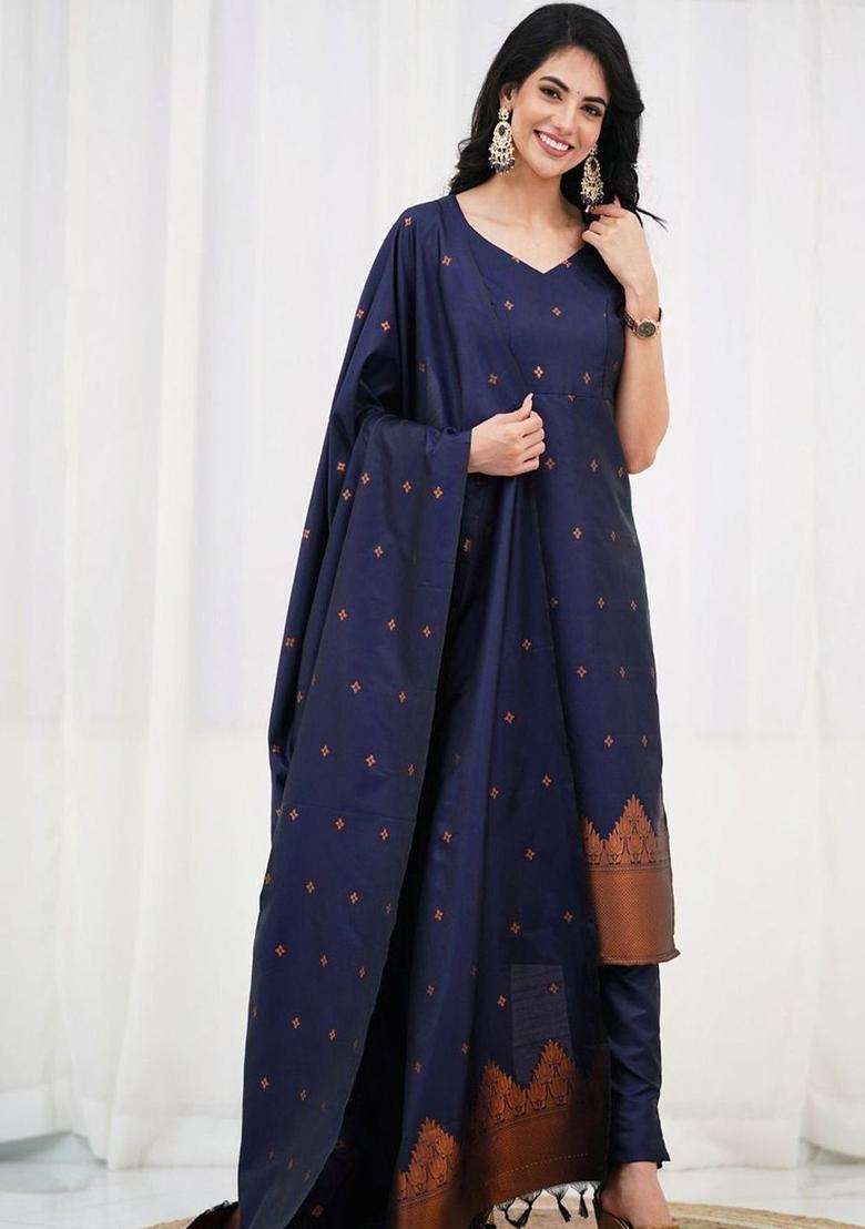 Navy Blue Solid Cotton Kurta Set - Indya