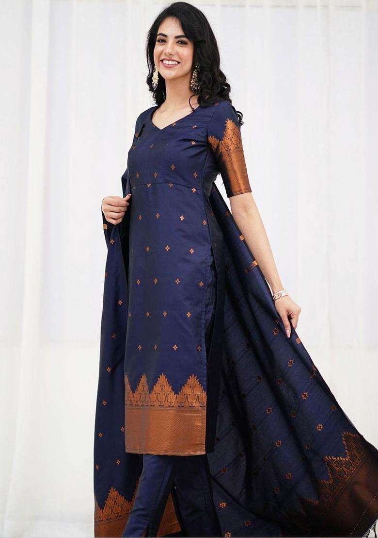 Navy Blue Solid Cotton Kurta Set - Indya