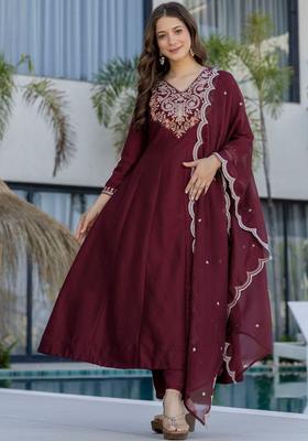 Maroon Embroidered Chinon Kurta Set