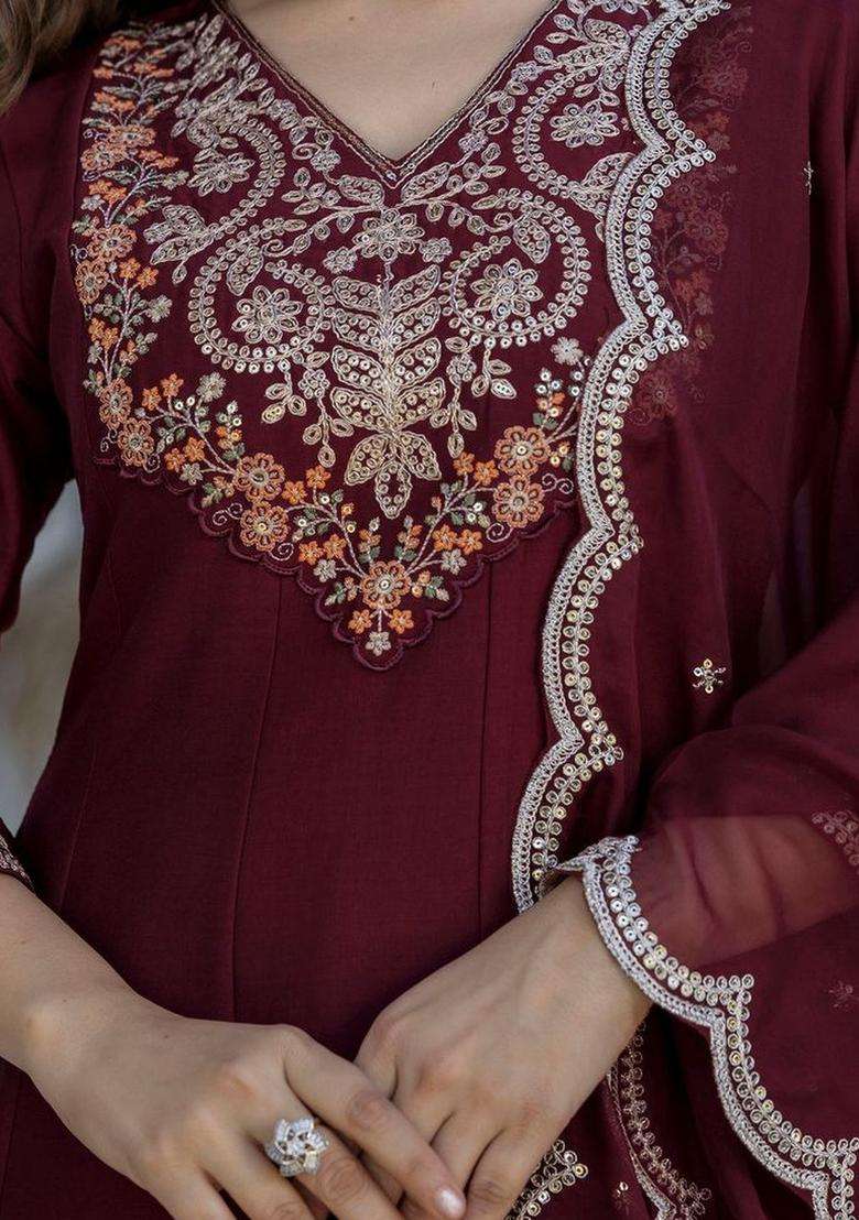 Maroon Embroidered Chinon Kurta Set - Indya