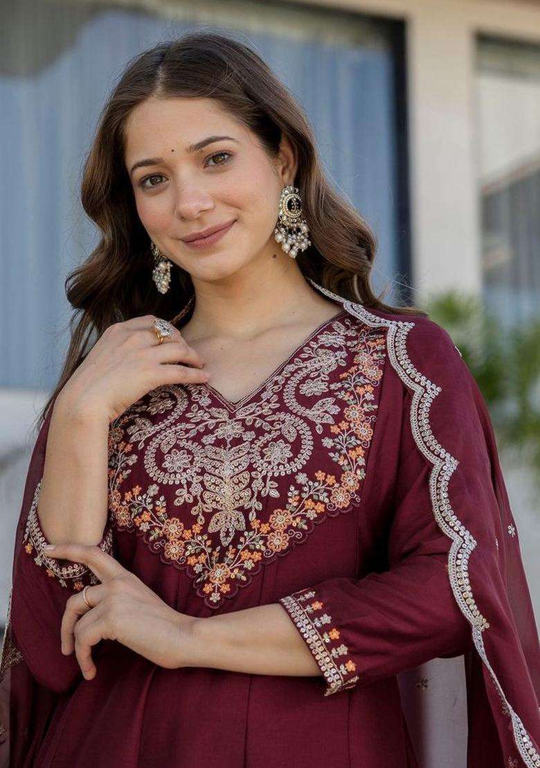 Maroon Embroidered Chinon Kurta Set - Indya