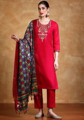 Red Yoke Design Cotton Kurta Set