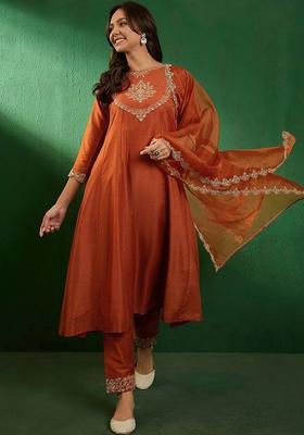 Orange Embroidered Chinon Kurta Set