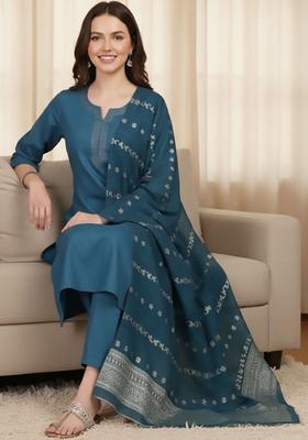 Teal Solid Cotton Kurta Set