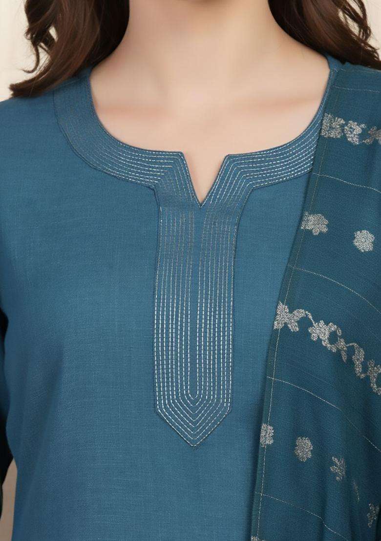 Teal Solid Cotton Kurta Set - Indya