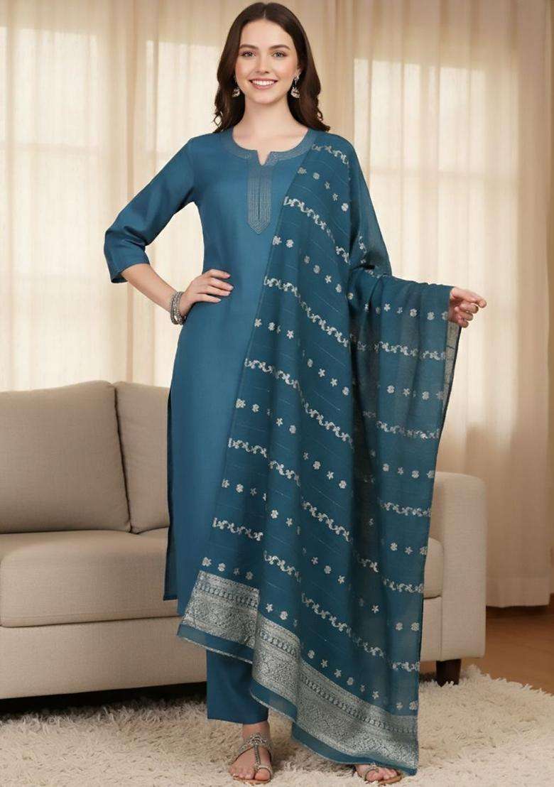 Teal Solid Cotton Kurta Set - Indya