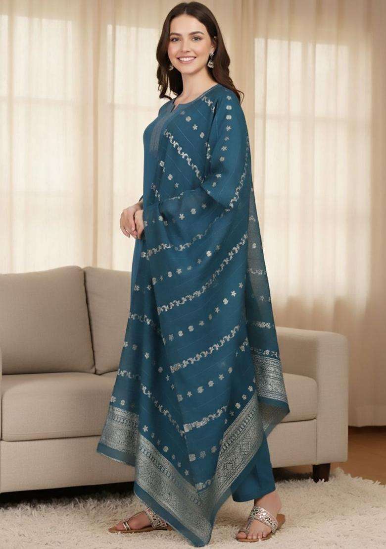 Teal Solid Cotton Kurta Set - Indya