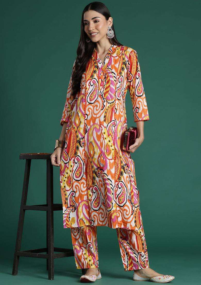 Multicolor Printed Cotton Kurta Set - Indya