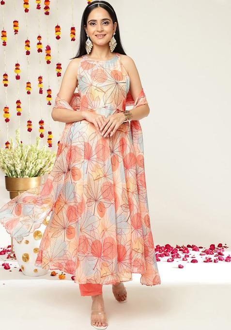 Beige Printed Silk Anarkali Set — view on Indya