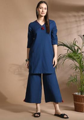 Blue Solid Cotton Kurta Set