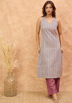 Mauve Woven Design Viscose Kurta Set