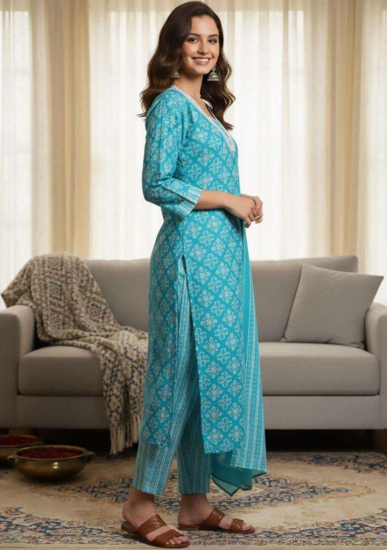 Turquoise Blue Printed Cotton Kurta Set - Indya