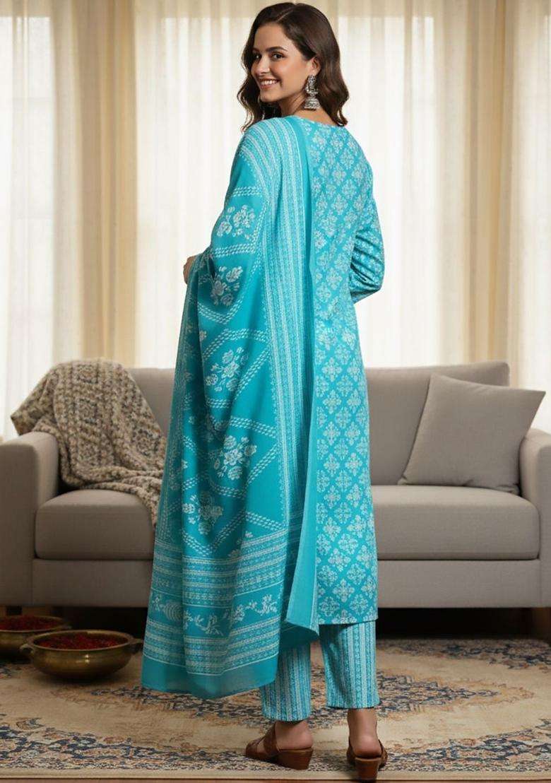 Turquoise Blue Printed Cotton Kurta Set - Indya