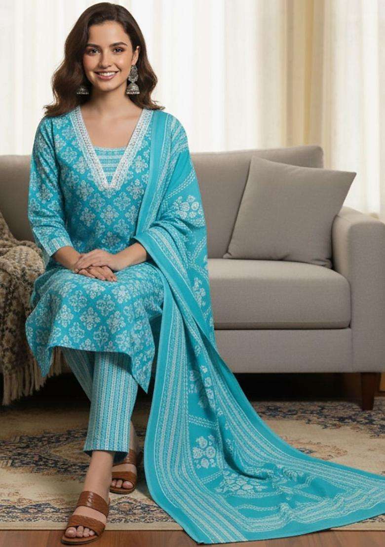 Turquoise Blue Printed Cotton Kurta Set - Indya