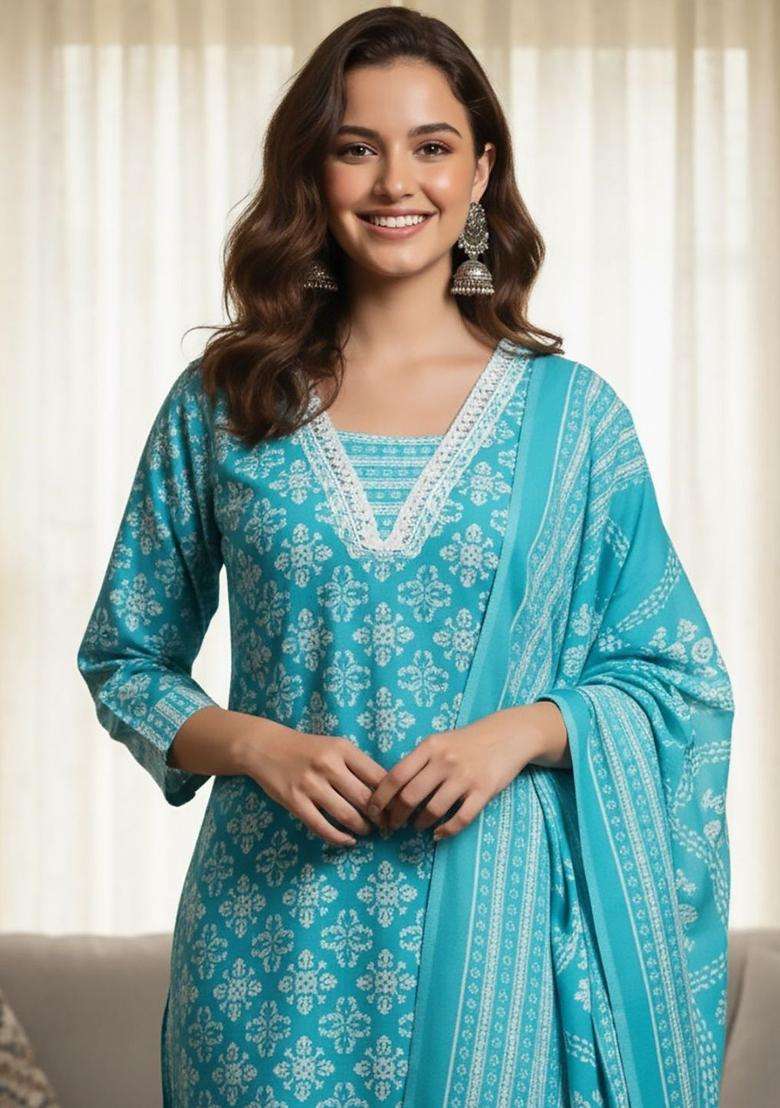Turquoise Blue Printed Cotton Kurta Set - Indya