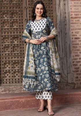 Navy Blue Printed Cotton Kurta Set