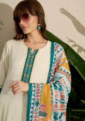 Cream Embroidered Viscose Kurta Set