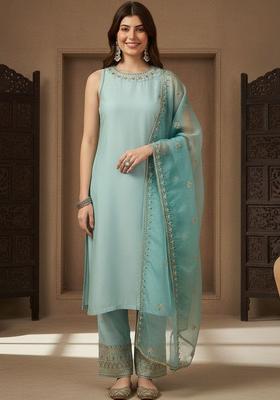Turquoise Blue Embroidered Silk Blend Kurta Set
