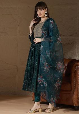 Green Embroidered Silk Anarkali Set