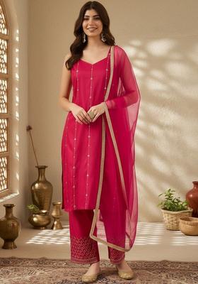 Fuchsia Embroidered Silk Kurta Set