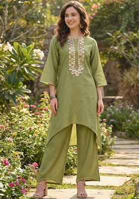 Olive Embroidered Silk Blend Kurta Set
