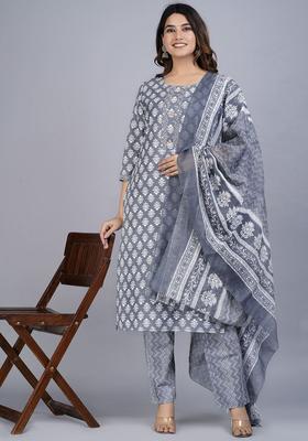 Grey Printed Cotton Kurta Set