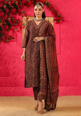 Brown Printed Viscose Kurta Set