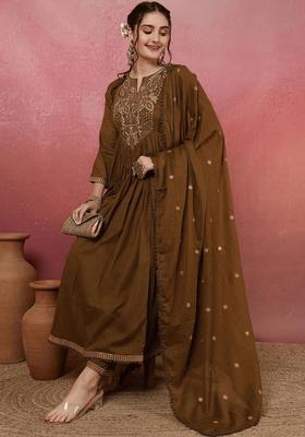 Brown Embroidered Viscose Kurta Set