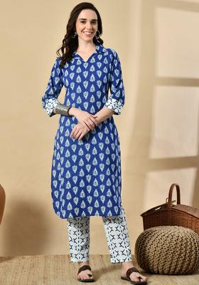 Navy Blue Printed Cotton Kurta Set