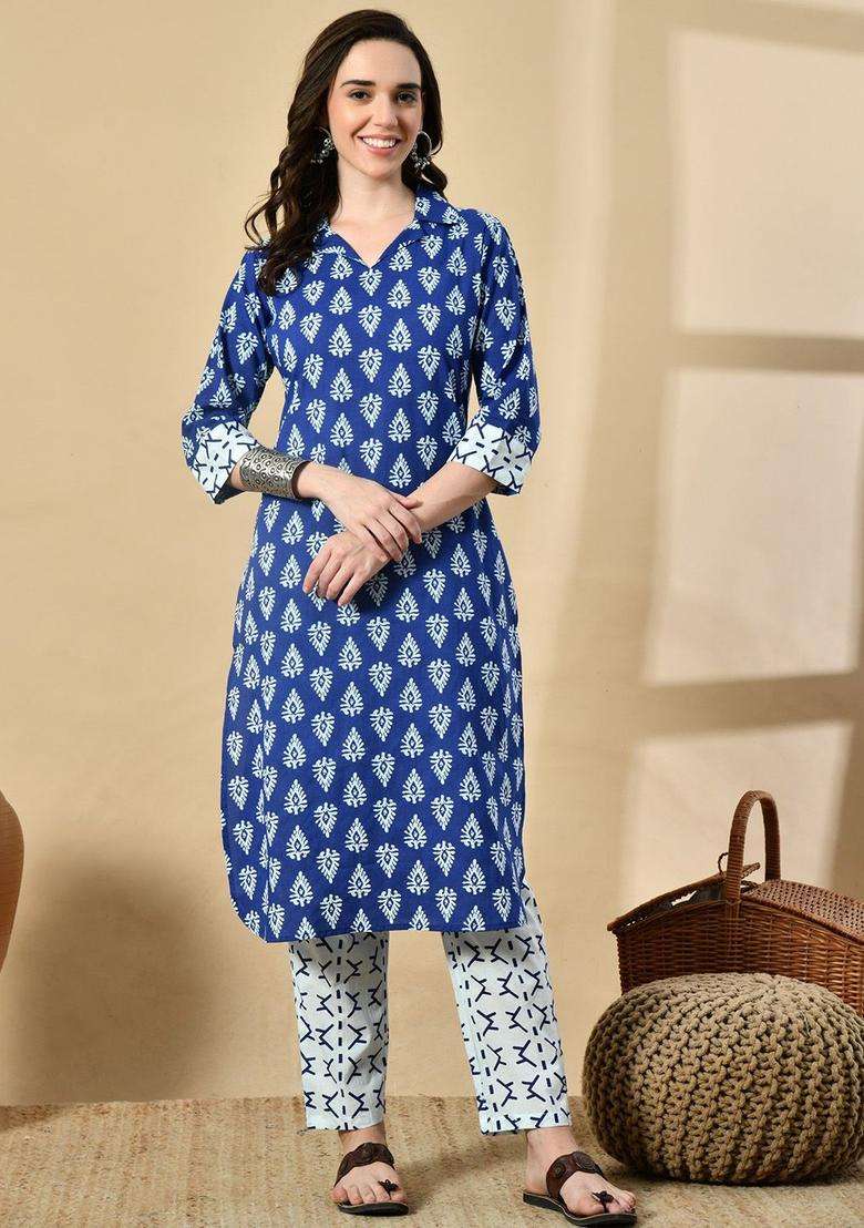 Navy Blue Printed Cotton Kurta Set - Indya